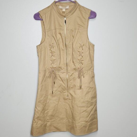 New NWT Michael Kors Women Zip Khaki Utility Tank Knee Length Dress Size Medium - Picture 1 of 8